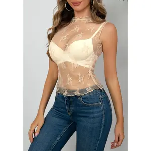 Womens Sheer Mesh Tank Tops Mock Neck Summer Lace Sleeveless Camisole Y2K Crop Tank Shirt