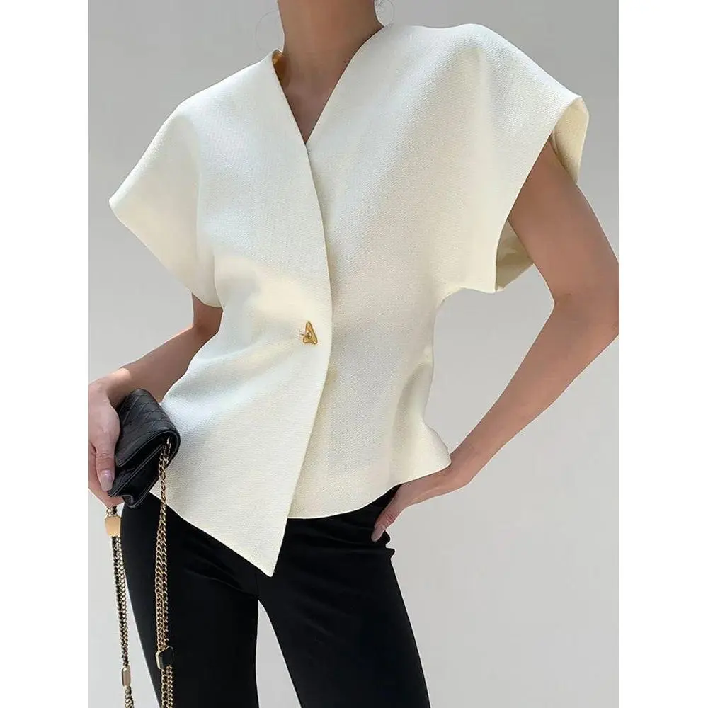 Imily Bela Womens Trendy V Neck Tops Shirts Short Sleeve Button Down Slim Waist Summer Blouses