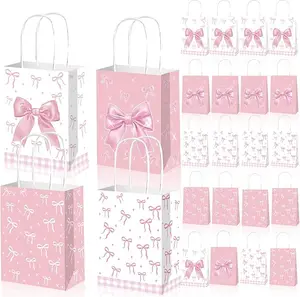 12pcs Pink Bow Gifts Bags with Handles, Small Gifts Bags Medium Size for Birthday Baby Shower Bachelorette, Pink Bow Party Favor Bags,Pink Goodie Pouch for Candy Favors Treats Coquette Paper Pouch Party Supplies