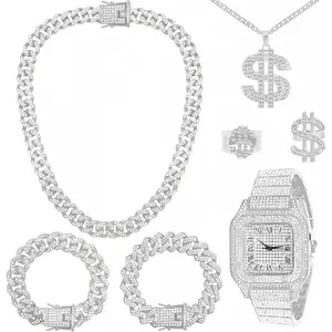 7 Pieces Silver Jewelry Set for Men Diamond Watch Necklace Bracelets Stainless Steel Cubic Zirconia Cuban Jewels Bling Dollar Necklace Rings Hip Hop Jewelry Set for Men Women