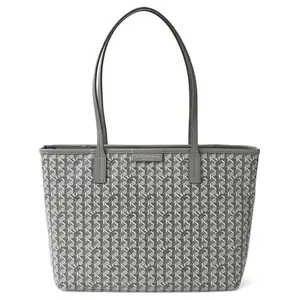 Tory Burch Coated Canvas Tote Bag with Vintage Print, Small Size, for Women, Gray-Black Color
