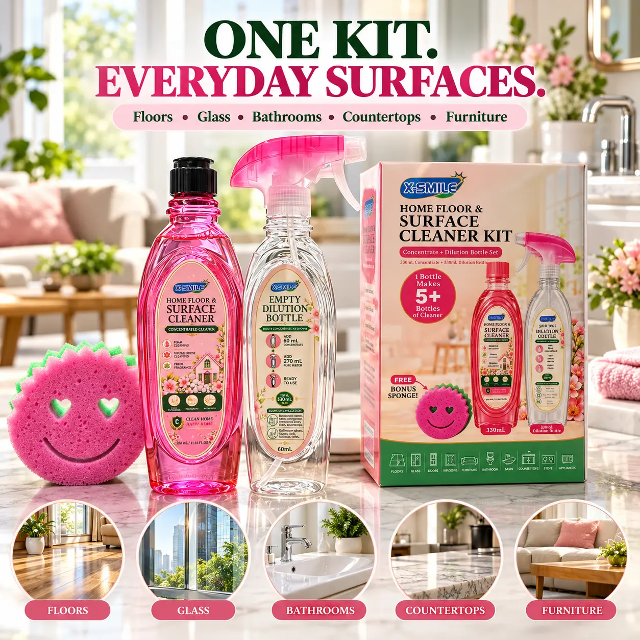 X-SMILE Multi-Surface Floor Cleaner Kit, 330 mL Concentrated All-Purpose Cleaner with Refillable Spray Bottle & Bonus Sponge, Makes 5+ Bottles