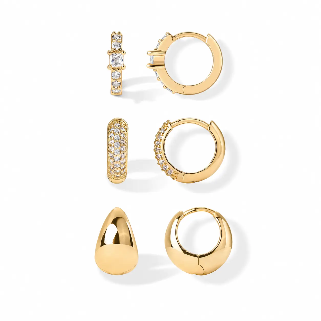 PAVOI 14K Gold Plated Three Pairs Huggie Hoop Earrings for Women - Triple Gold Hoop Earring Pack with Cubic Zirconia - 925 Sterling Silver Posts Chunky Dome Pave Huggie Piercing Statement Jewelry Set