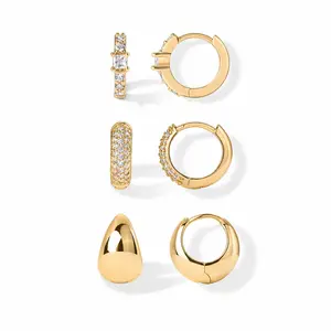 PAVOI 14K Gold Plated Three Pairs Huggie Hoop Earrings for Women - Triple Gold Hoop Earring Pack with Cubic Zirconia - 925 Sterling Silver Posts Chunky Dome Pave Huggie Piercing Statement Jewelry Set