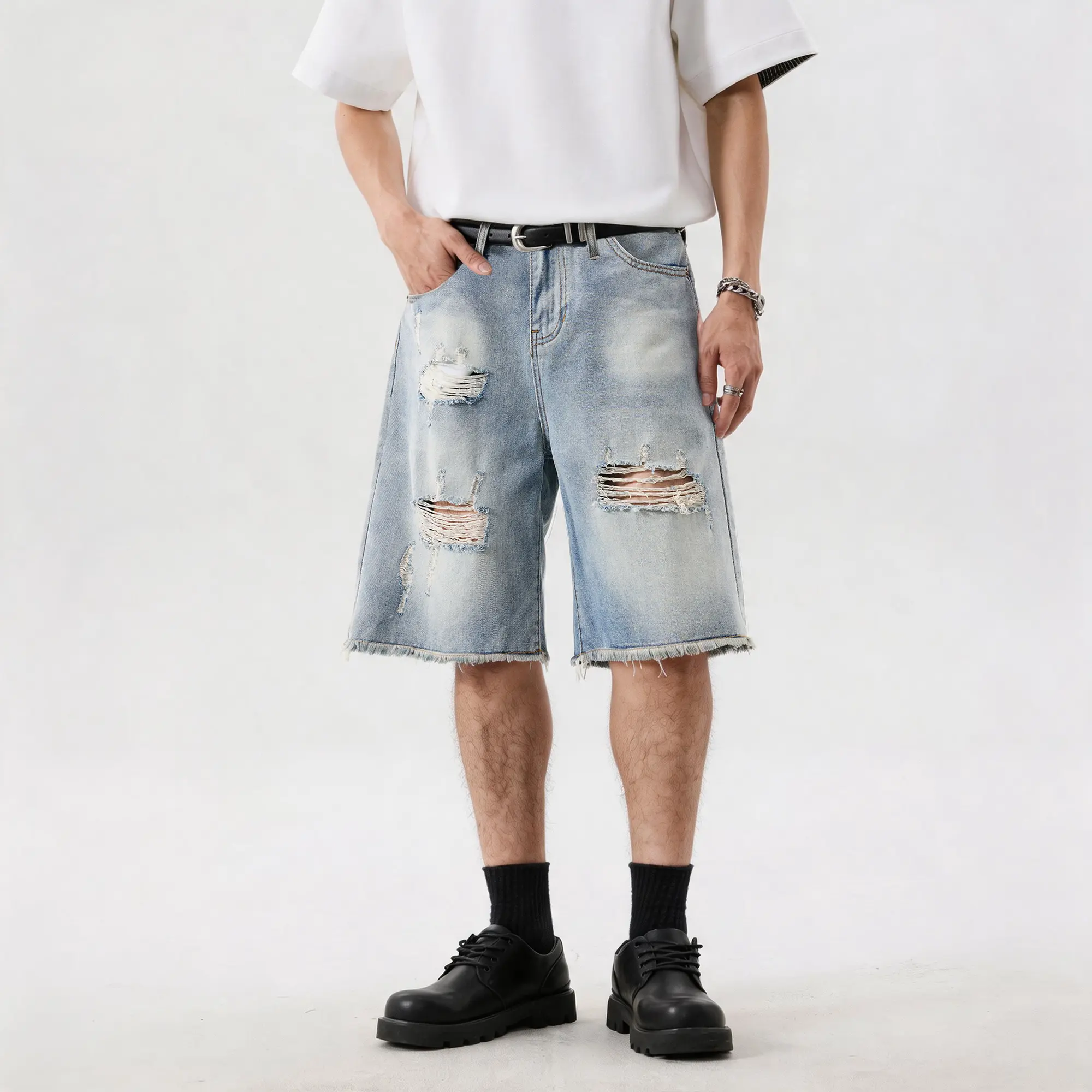 Neleus Men's Vintage Baggy Fit Knee Length Denim Shorts, Ripped Streetwear Style with Light Wash Frayed Hem, Menswear, Jean Shorts, Denim Fabric, Ripped Holes, Men's Jorts