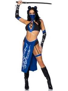 Leg Avenue Women's Strappy Halter Halloween Cosplay Crop Costume Set - Black & Blue, 5-Piece (Medium), Includes Slip, Skirt, Panty, Mask, Matching Accessories