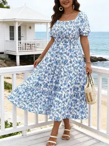 Plus Size Women's Ditsy Floral Casual Wear Womenswear Beach Dress, Elastic Waist Slimming Square Neck Bubble Sleeve, European Style Long Maxi Skirt for Summer