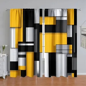 2Pcs Abstract Geometric Pattern Curtain Panel, Modern Black Yellow Grey White Blocks Print, Rod Pocket Style, Semi Sunshade Polyester Fiber, Suitable for Home Living Room, Bedroom, Balcony, Kitchen, Study and Shower Window Decoration, Acc