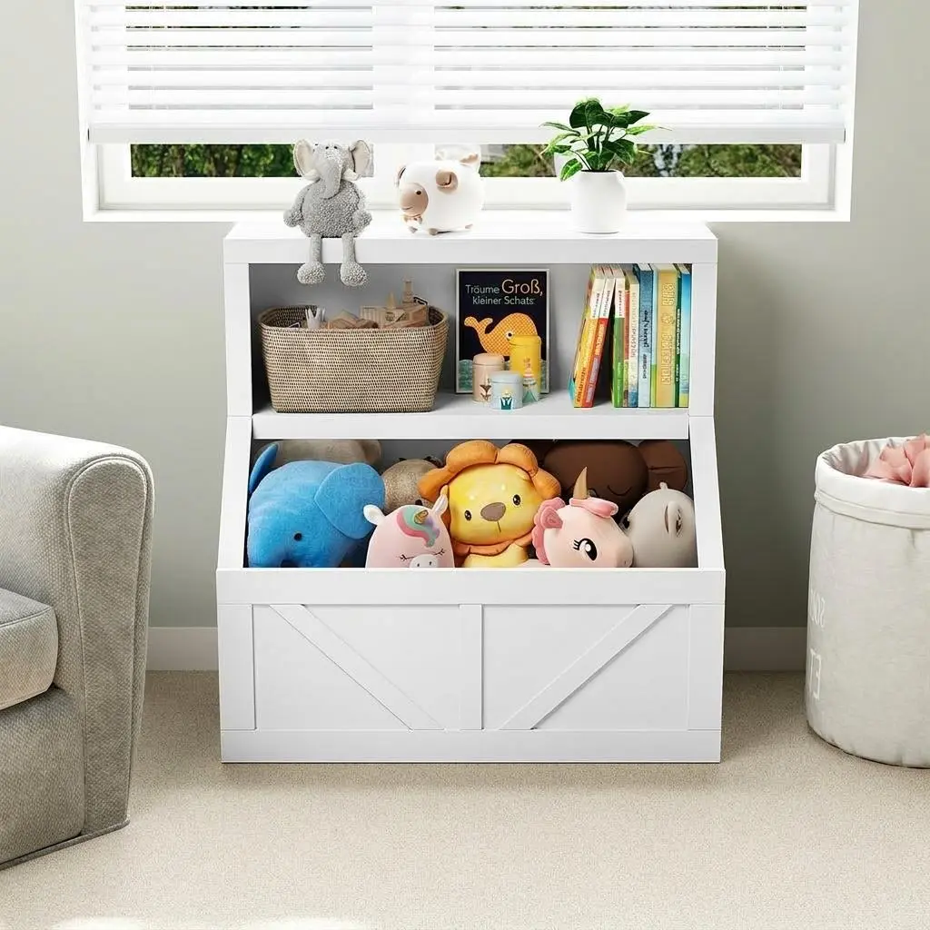 Kids Bookshelf And Toy Storage Organizer Wooden Childrens Bookcase 2 Open Shelves Display Cabinet Box Chest With Anti Tip Kit Rounded Corners Safe Furniture Unit For Playroom Kids Bedroom Nursery Daycare School Grey Antique White