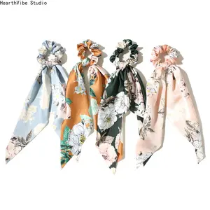 Large Peony-Print Triangle Scarf Scrunchie — Elastic Hair Tie with Flowing Ribbons for Ponytails (Hair Accessory)