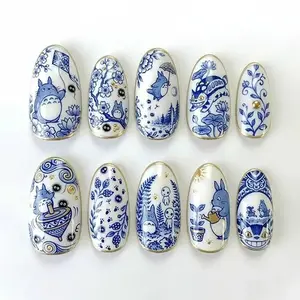 Handmade Blue Porcelain Press On Nails Set, Cute Forest Spirit Cartoon Design, Whimsical Botanical Animal Art, Cottagecore Fantasy Nail Accessories