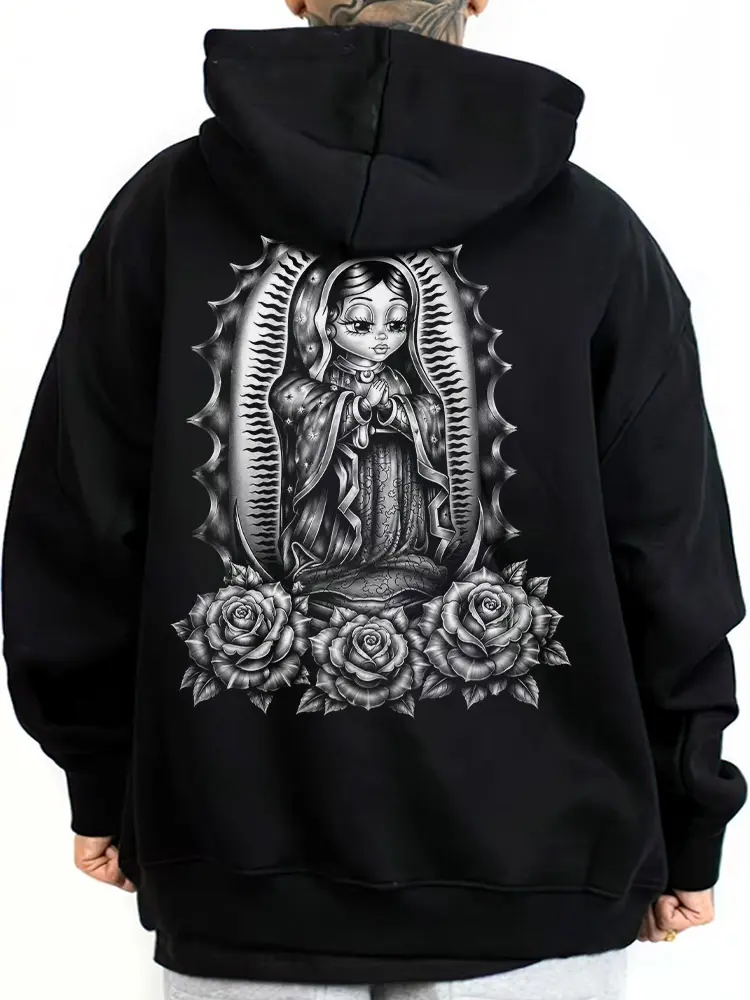 Virgen Guadalupe Rose Cartoon Chicano Style Lowrider Art Unisex Hoodie - Medium Heavy Fabric Sweatshirt, Womenswear Top, Full Size S-5XL Streetwear for Men & Women