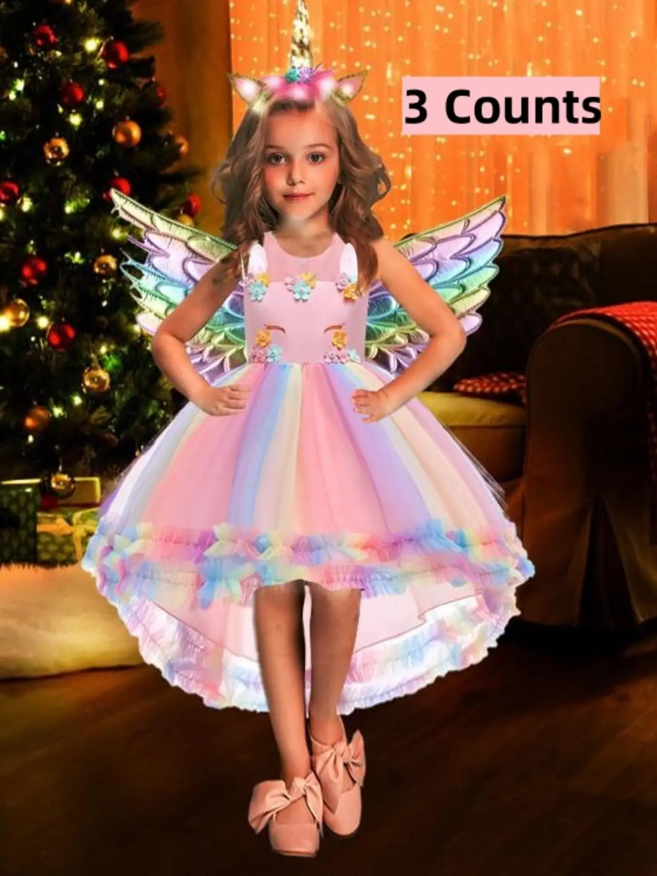 Girl's Ombre Print Appliques Contrast Mesh Big Bow Decor Dress & Wings & Headband Set, Cute Unicorn Princess Dress for Cosplay, Kids Evening Party Clo