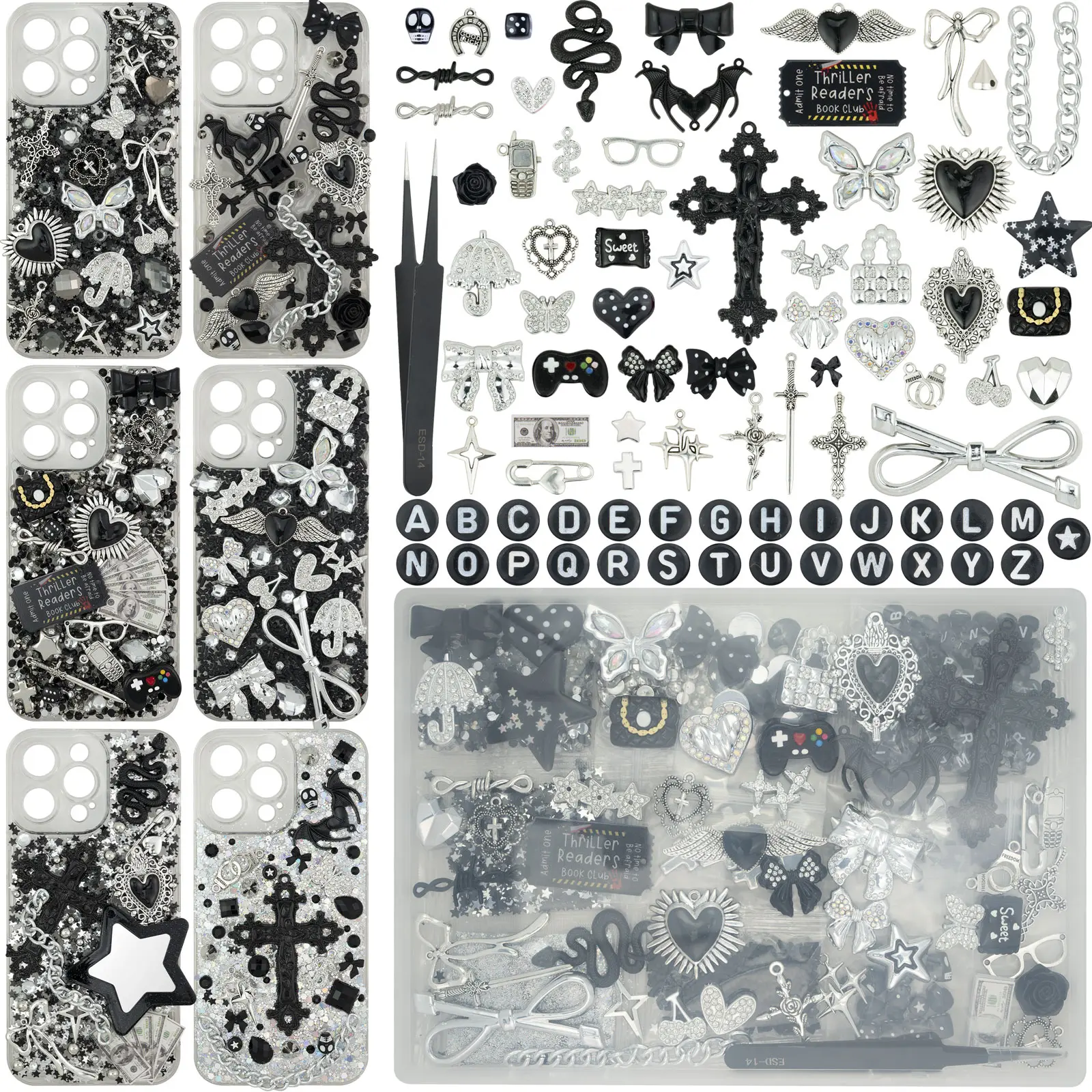 DoDoBeads 2250 Pcs Black Silver Junk Case Charms Kit, Cool Charms for Junk Cases, Big Cross, Bat, Snake, Spiked Heart, Chains, Dollar Charm, Black Letter Beads, Silver Studs, Glitter Confetti