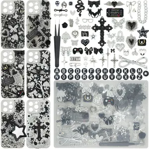 DoDoBeads 2250 Pcs Black Silver Junk Case Charms Kit, Cool Charms for Junk Cases, Big Cross, Bat, Snake, Spiked Heart, Chains, Dollar Charm, Black Letter Beads, Silver Studs, Glitter Confetti