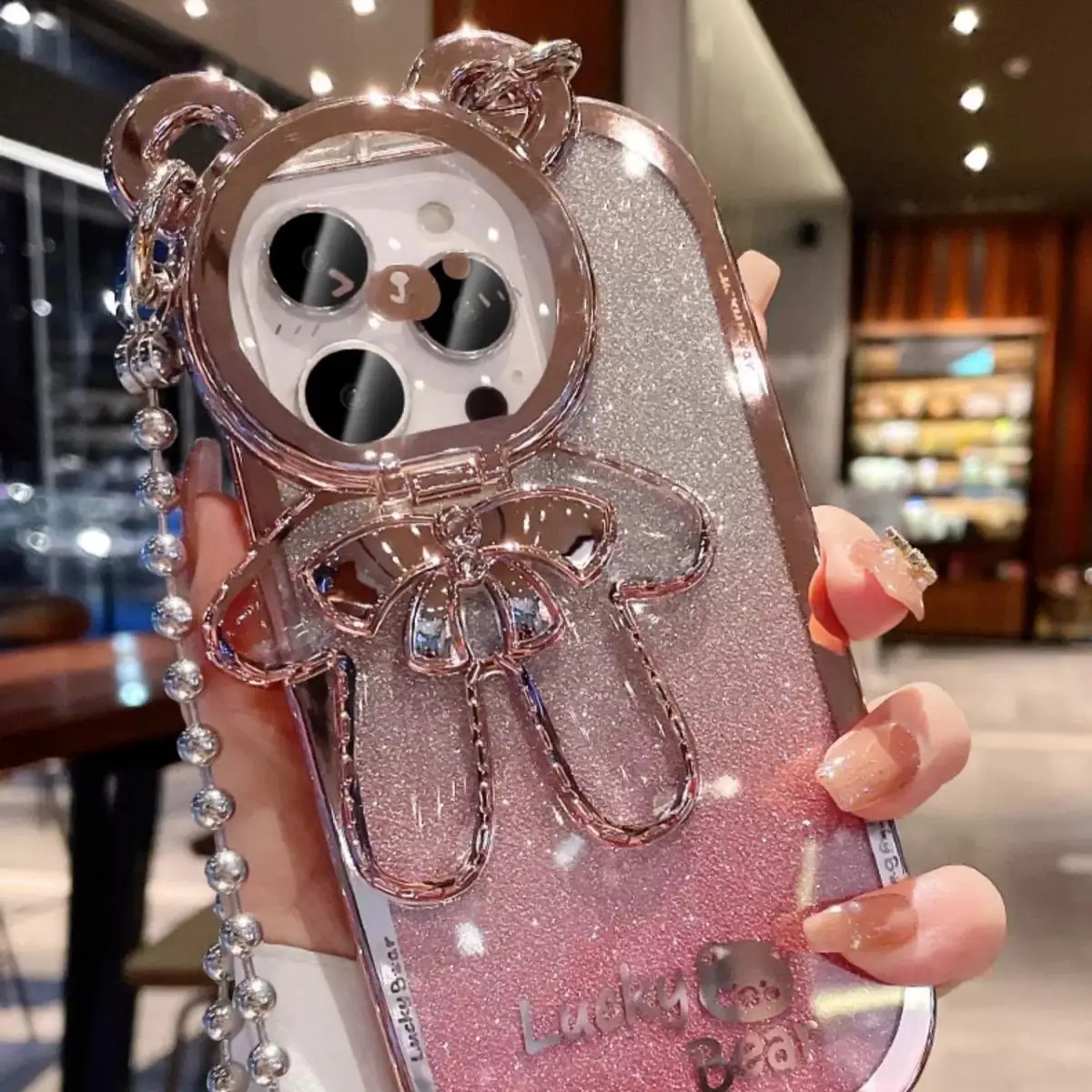 Cute Bear Phone Case With Lanyard for Summer, Glitter Bear Design Phone Case With Camera Lens Protector, Decorative Phone Protector Cover for iPhone,