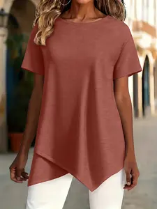 Plus Size New Summer Pure Color Simple Comfortable Loose Women's Round Neck Short Sleeve Asymmetrical Hem T-Shirt, Casual Fashion Top for Daily Wear