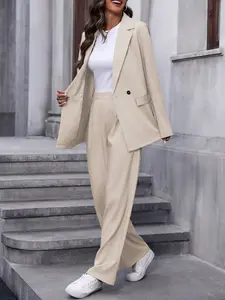 Two piece women's casual, Elegant and fashionable khaki suit jacket and pants set, suitable for all seasons, suitable for home, indoor, and outdoor wear