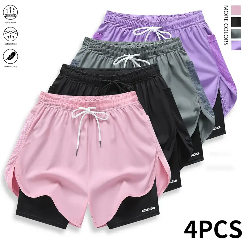 Women’s Athleisure Activewear Running Shorts, Mid-Waist Adjustable Drawstring Bottoms, Faux 2-Piece Solid Color, Lined Polyester Fabric, Loose Fit for Outdoor Workouts, Summer Apparel