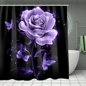 1/4 piece purple rose design bathroom set, including soft floor mat, toilet seat cushion, shower curtain, Shower curtain sets, creating home decor, the floor mat has rebound, water absorption, anti slip