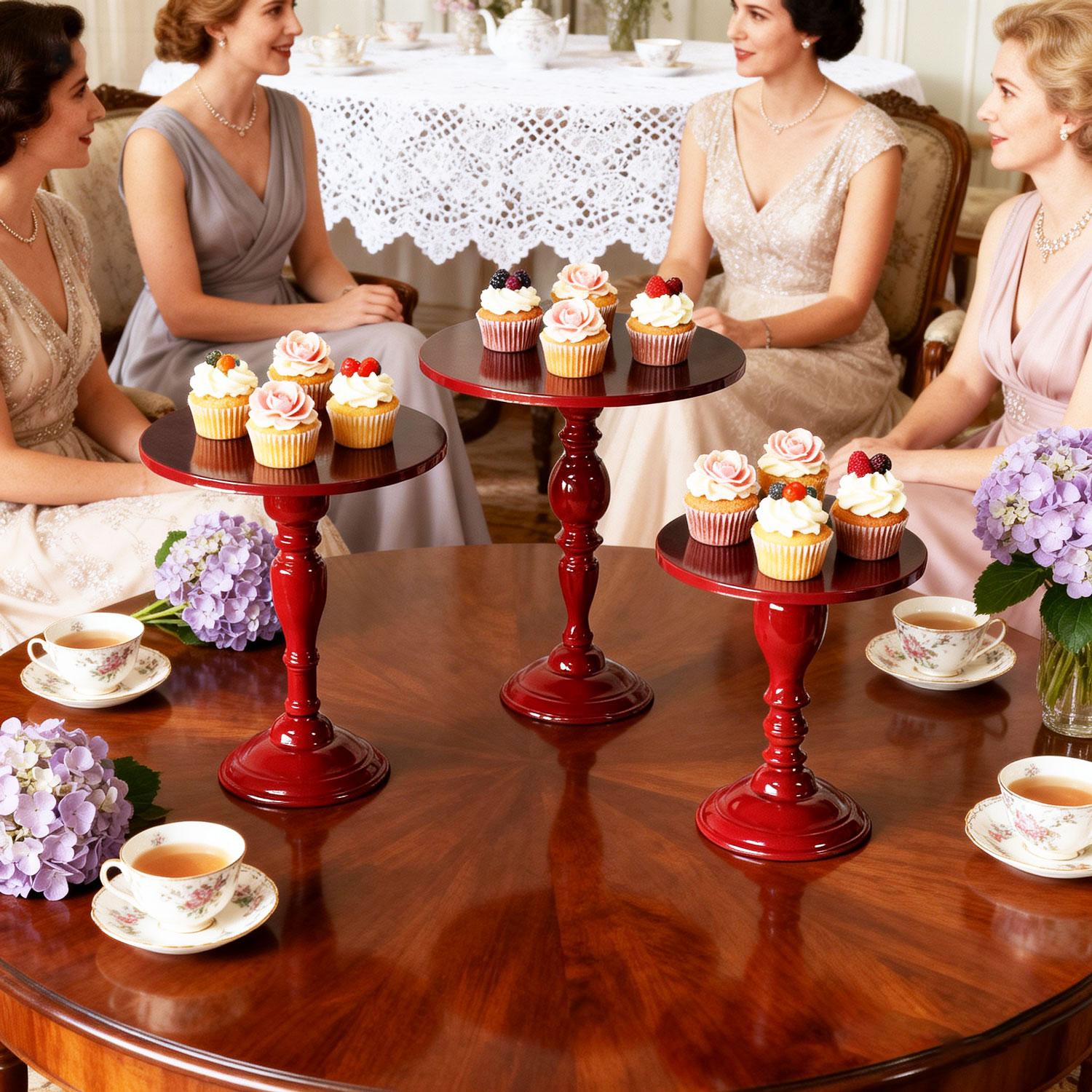 The appearance of the dessert table at the party features a 3-piece set of metal circular cake stands, arranged separately to fill the entire table. The wedding afternoon tea on the day of the wedding is absolutely stunning.  AI·