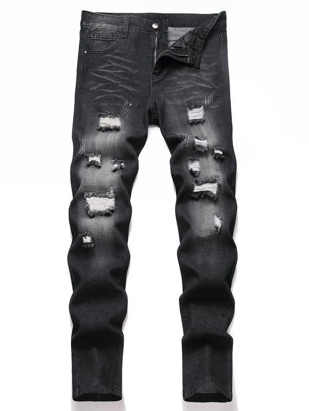 Men's Jeans Natural Ripped Personalized Pockets Black Denim Pants Stylish Streetwear Casual Classic Soft Straight Mid Waist All Seasons Trousers Menswear