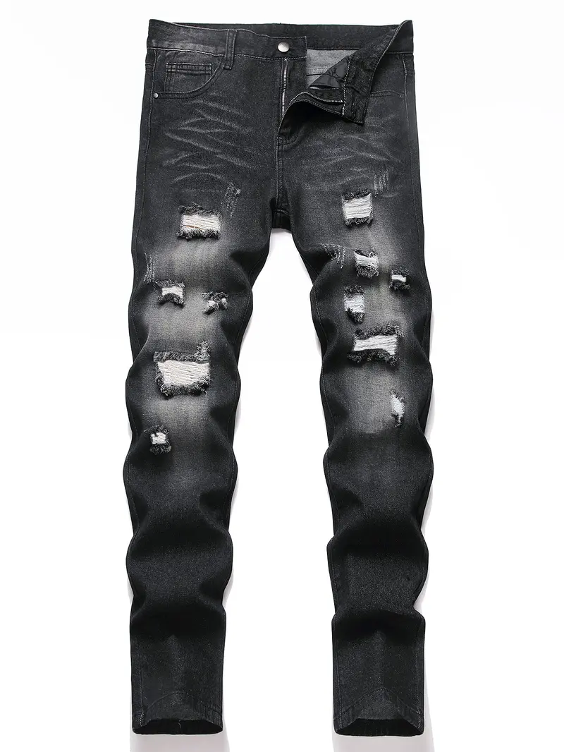 Men's Jeans Natural Ripped Personalized Pockets Black Denim Pants Stylish Streetwear Casual Classic Soft Straight Mid Waist All Seasons Trousers Menswear