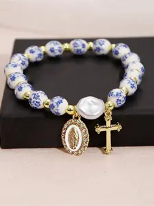 1pc Elegant Imitation Ceramic Resin Bracelet, Made of Imitation Baroque Pearls, Equipped with A Rhinestone Virgin Mary Pendant, Is A Great Gift/Christian Jewelry/religious Gift, Charm Bracelet, Pearl Beaded Bracelet