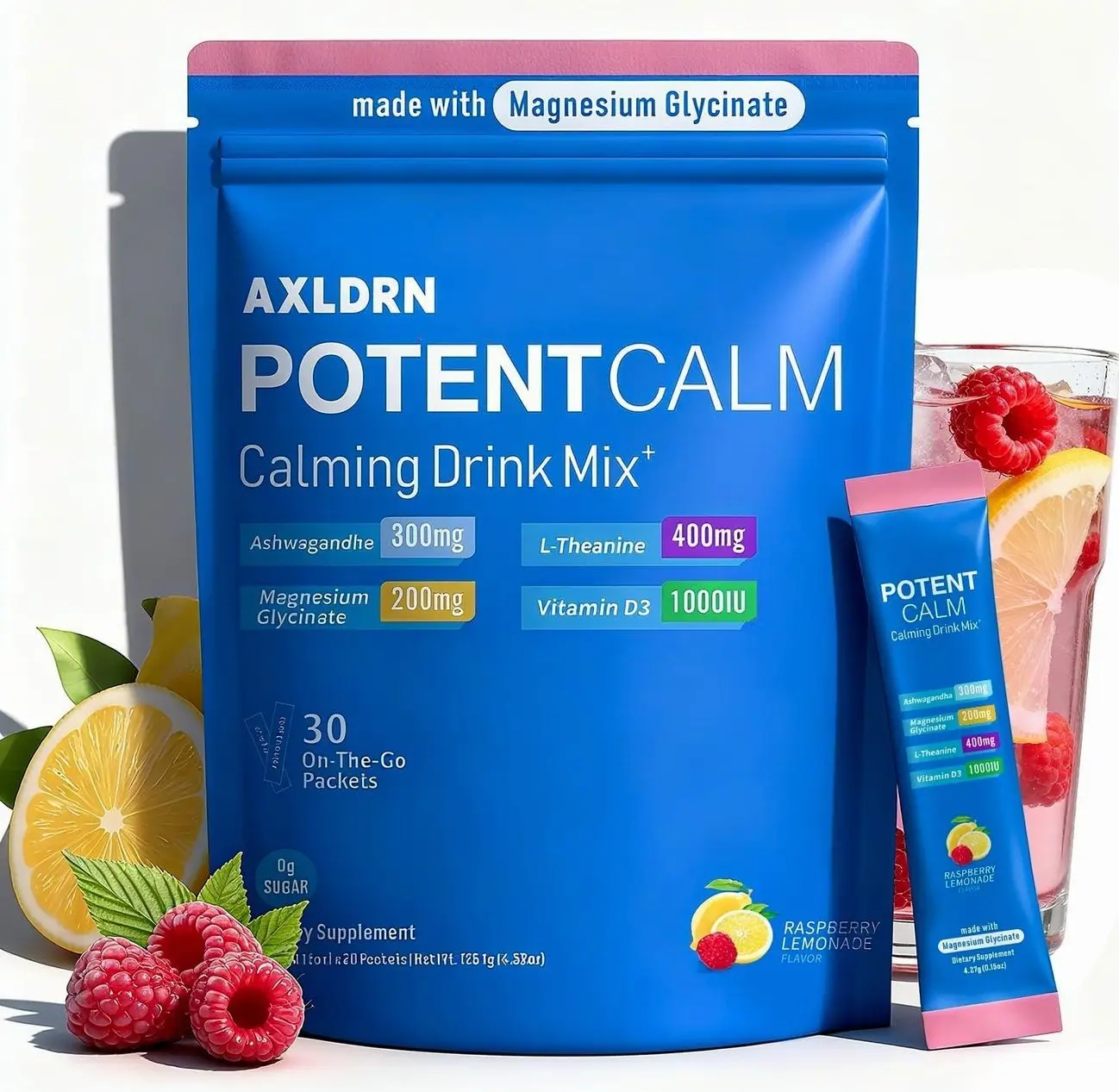 PotentCalm Super Cortisol Drink, Magnesium Glycinate Powder, L-theanine, Ashwagandha, Vitamin D, No Sugar, Raspberry Lemonade Electrolytes Powder - 30 Servings