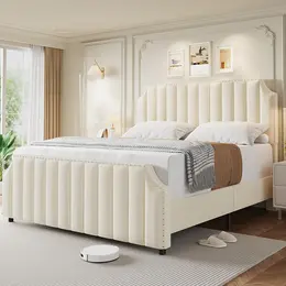 Velvet upholstered platform bed frame with tall tufted headboard