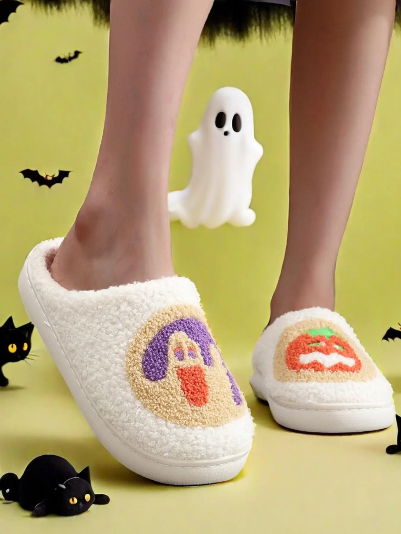 Women's Halloween Themed Colorblock Ghost & Pumpkin Pattern Slippers, Casual Soft Comfortable Home Slippers, Fashionable Slippers for Indoor & Outdoor