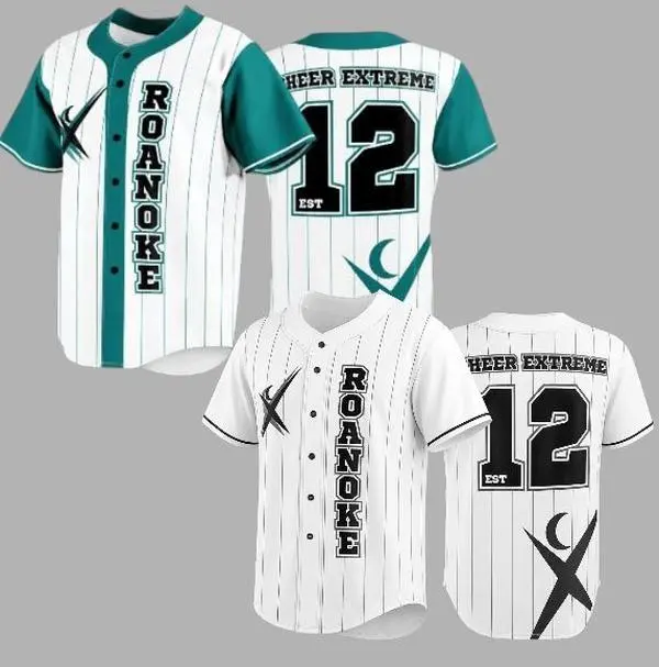 Cheer Team Baseball Jersey, Pinstripe Button Down Sports Shirt, Casual Athletic Wear #CheerStyle #BaseballJersey #Sportswear #TeamSpirit