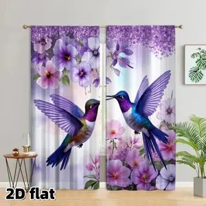 2D Flat 2Pcs Elegant Hummingbird Curtains Purple Floral Pattern Window Drapes, Rod Pocket Design, Polyester Fabric, Semi Sheer Sunshade, Nature Theme Decor for Living Room Bedroom Kitchen Dining Home Decoration, Easy to Clean