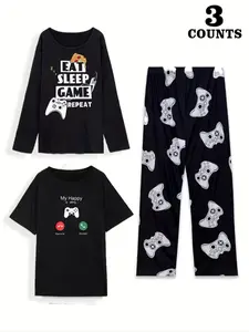 Men's Simple Style Casual Sleepwear Set Pajamas, Includes Matching Short Sleeve Shorts, Game Machine Print, Suitable for All Seasons