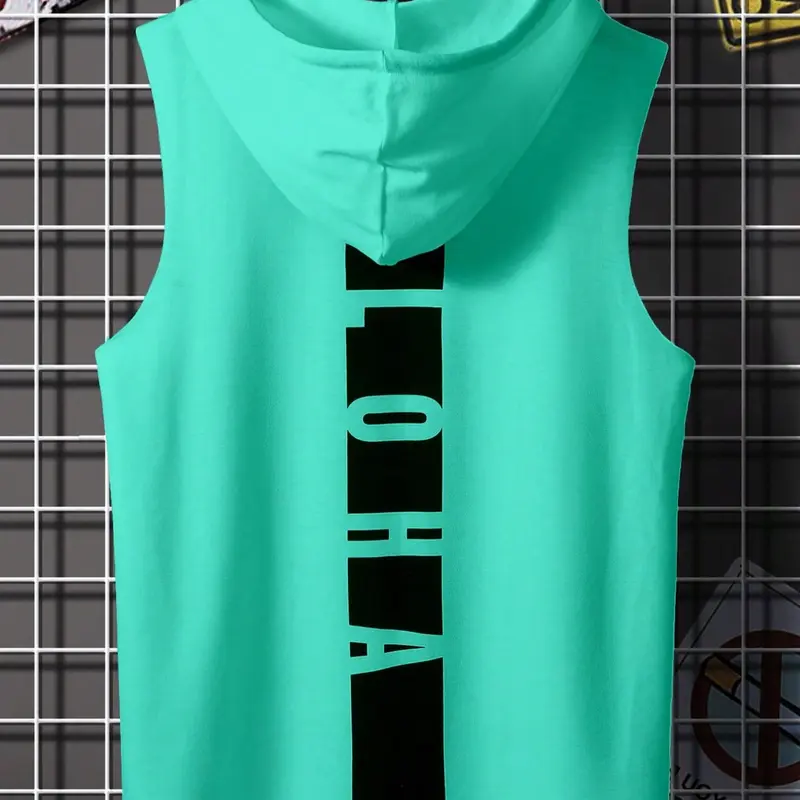 Men's Sleeveless Hooded Fitted Long T-Shirt, Casual Summer Top, Comfortable Fashion, Perfect for Daily Wear, Stylish Men's Clothing, Menswear, Fitted Tanks, Breathable Tank Tops, Vest Tops, Stretch Tank Tops