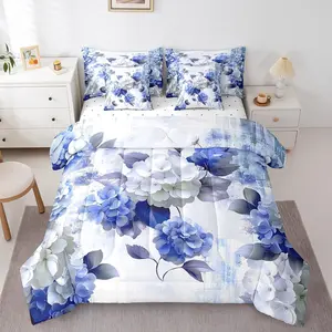 7-Piece Watercolor Hydrangea Bedding Chic Flower Floral Comforter Set for Girls Women,Watercolor Oil Painting Bedding Comforter Set,Ombre Gradient Bed in a Bag,Navy Blue Bedding