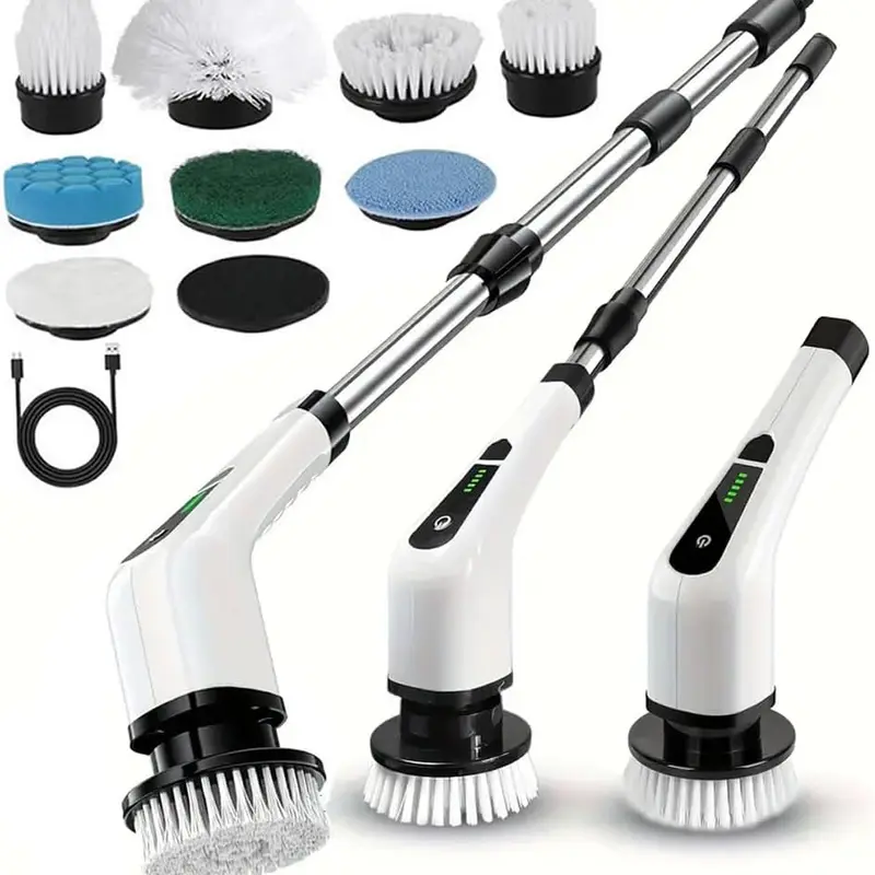 Electric Spin Scrubber, Cordless Shower Scrubber, IPX7 Waterproof Power Scrubber,Electric Cleaning Brush with 9 Replaceable Brush Heads, 5 Speed Modes Extendable Handle for Bathroom,Shower, Tile, Tub, Floor, Kitchen Cleaning Supplies.