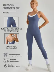 Women's Yoga Jumpsuit with Thin Straps, Blue Strapless Fake Two-Piece, Ab Control and Butt Enhancement Workout Pants