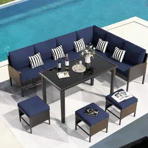 7-Piece Small Space Outdoor Patio Furniture Set with Waterproof Cushions, Tempered Glass Table, All-Weather Wicker, High-Back Ergonomic Design for Backyard, Terrace or Garden （ Dark Blue)