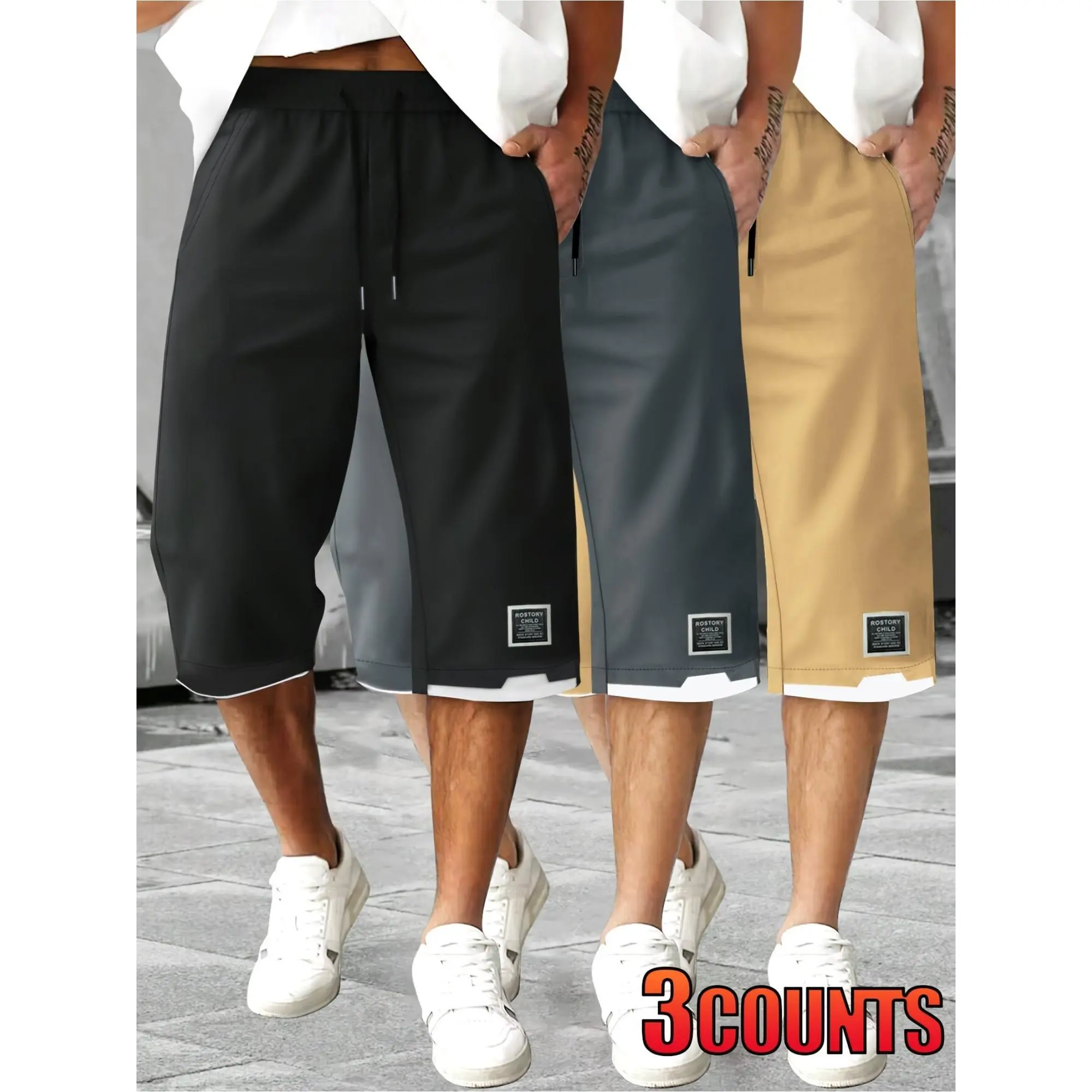 TNZI Men's 3pcs Loose-Fit Casual Streetwear Cargo Trousers - Lightweight Breathable Polyester, Adjustable Drawstring Waist, Multiple Pockets, Plain Opaque Fabric, for Summer Outdoor Workout & Everyday Wear
