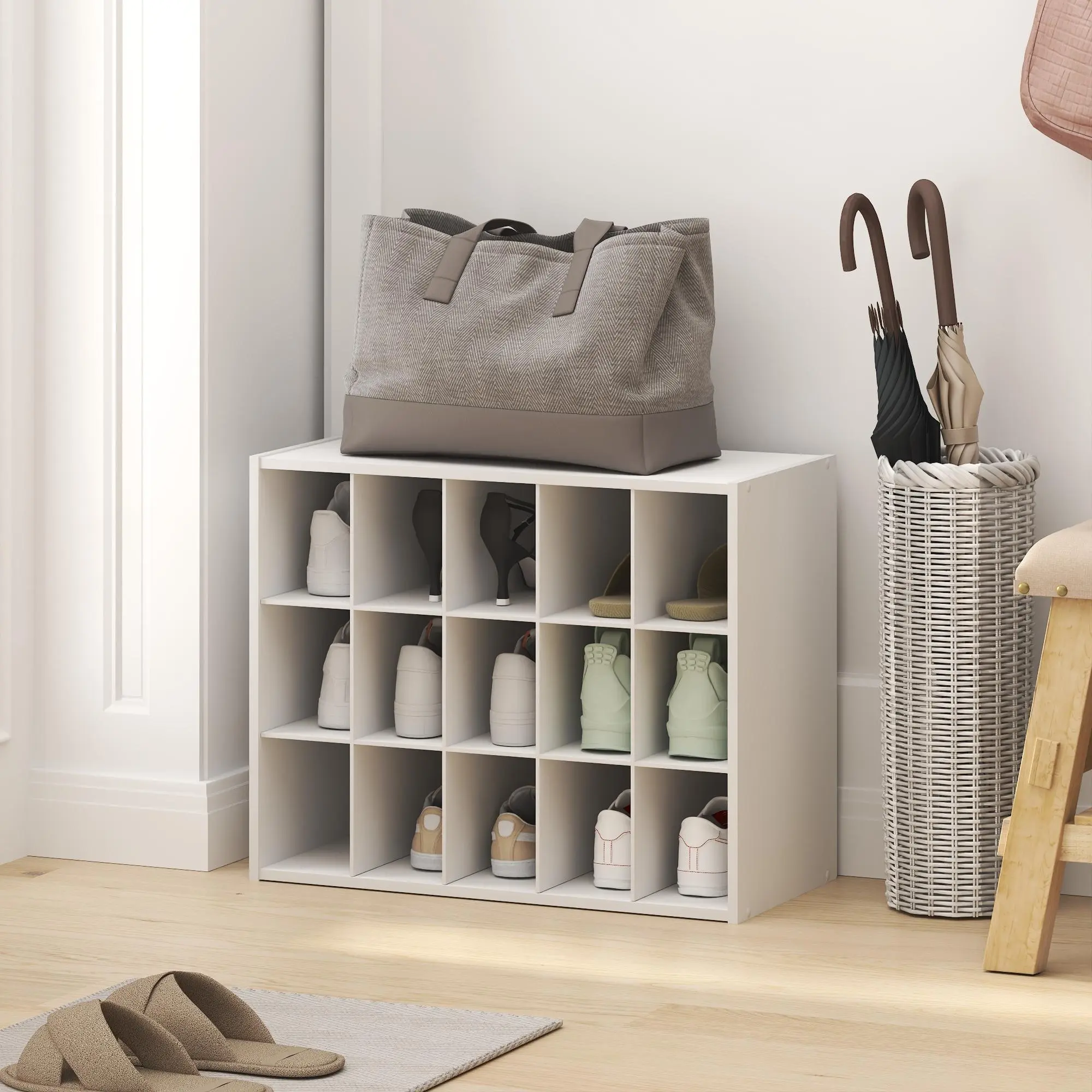FANO Shoe Rack, 15-Cube Shoe Organizer, Stackable Shoe Storage, 10.9 x 24.2 x 19.3, for Closet Entryway, Office, Garage, White, Space-Saving Shoe Storage for Entryway, Closet, Bedroom and Apartment