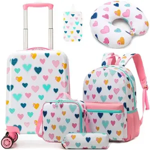 The Ultimate Vacation Gift for Girls! Sweet Colorful Hearts 5PCS Luggage Set | Hardshell Carry-On Suitcase & Matching School Backpack | Perfect for Kids Travel & Summer Camp