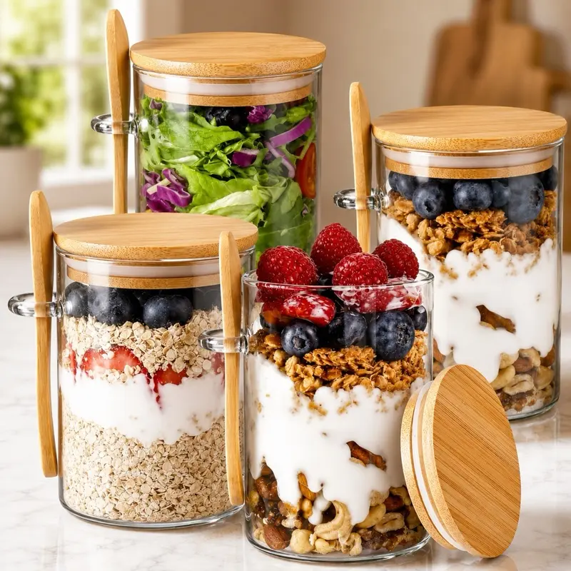 8PCS Glass Food Storage Containers 4 Cups 4 Lids with 4 Spoons Overnight Oats Jar Chia Pudding Salad Bamboo Lid Oatmeal Coffee Flour Bread Starter