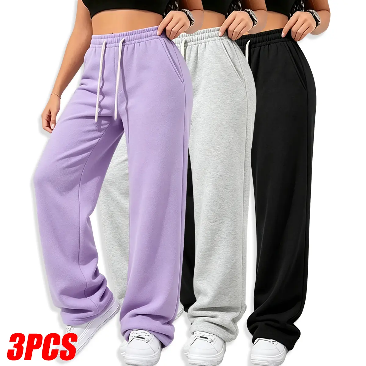 3 Pack Women's Relaxed Fit Polyester Fleece Pants, Solid Color Wide Leg Sweat Trousers, Adjustable Drawcord, Non Cuff Loose Bottoms, Active Wear for Low-Impact Workout, Yoga and Light Training