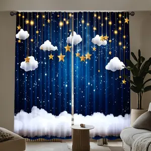 2-Piece Fashion Galaxy Star Blanket Pattern Durable Curtain Set, Window Curtain, 100% Polyester, for Kids Room, Bedroom, Living Room Decor