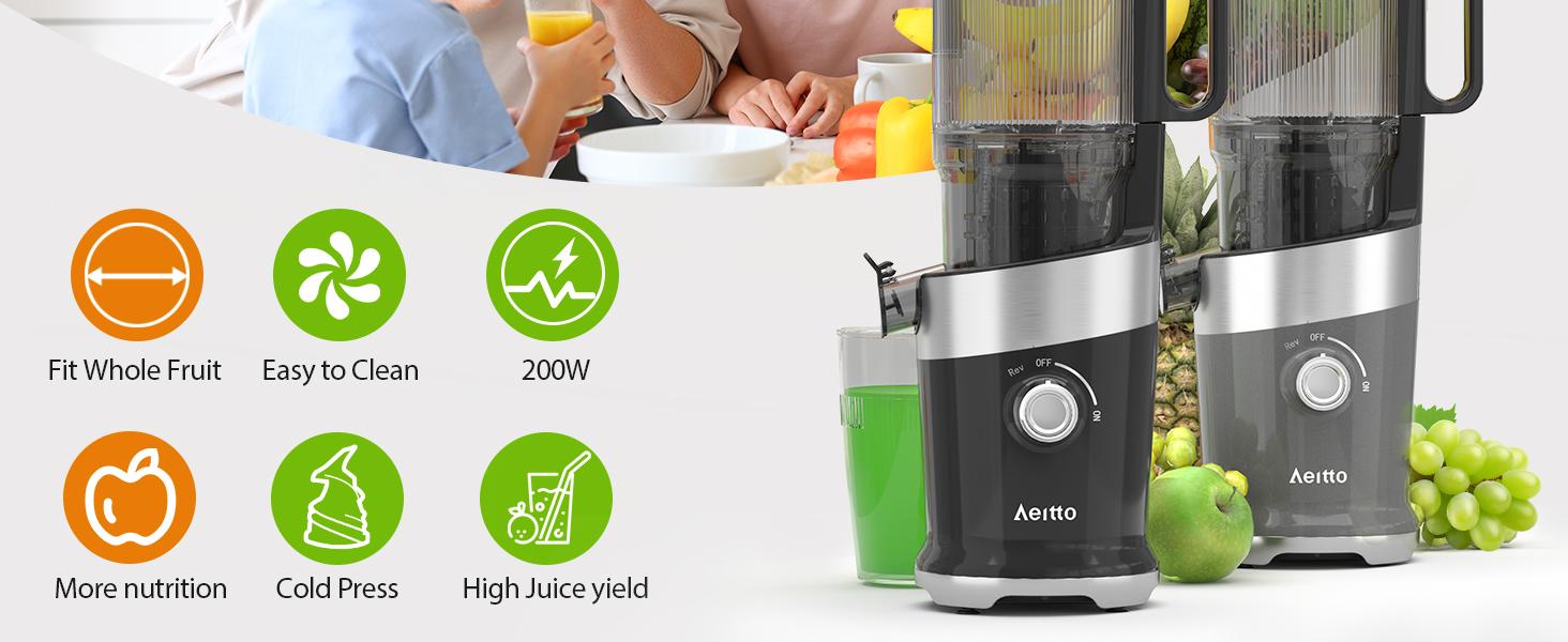 Cold Press Juicer Fits Whole Fruits, Aeitto Masticating Juicer Machines with Wide Feed Chute, Juice Extractor Machine Easy to Clean, High Juice Yield, Easy to Assemble, Self Feeding