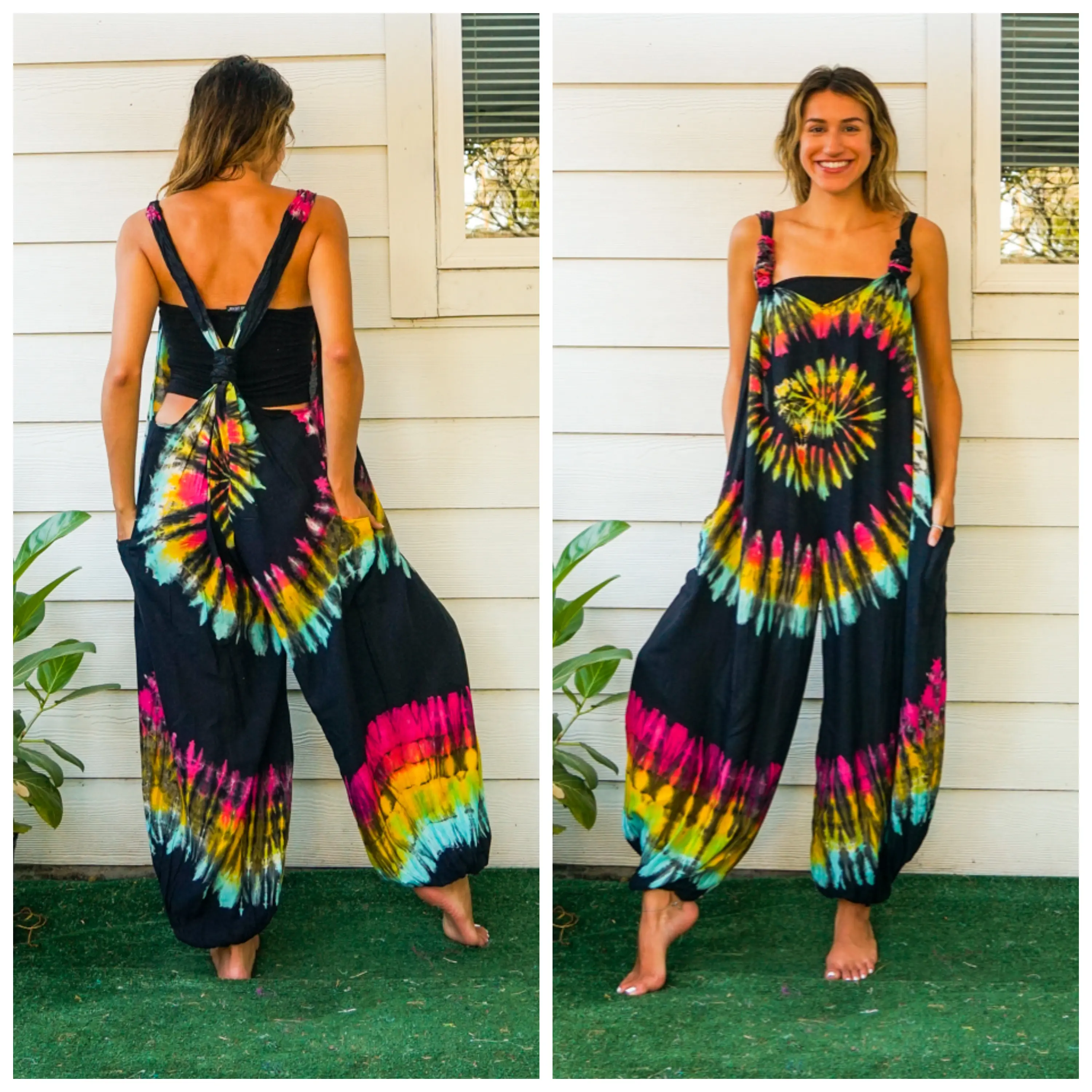 Tie Dye Hippie Dungarees Overalls Jumpsuits Rompers Pants