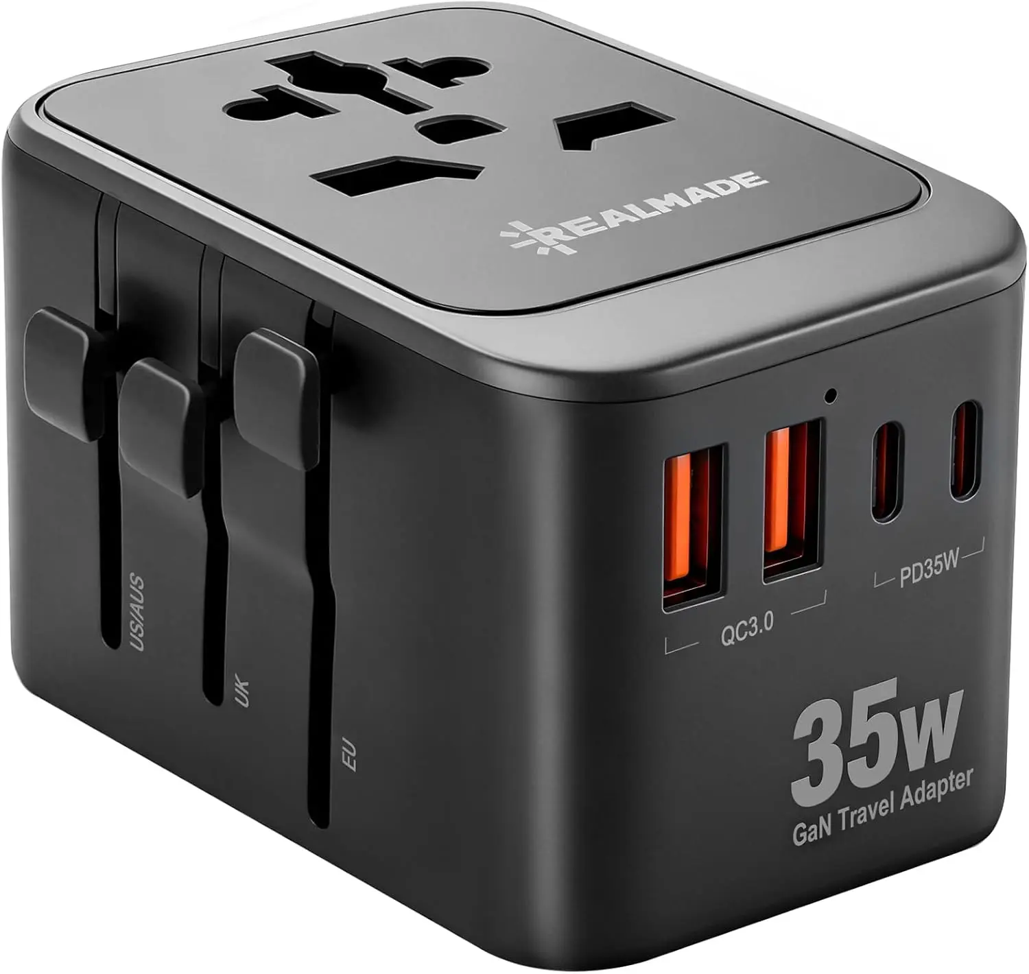Realmade Universal Travel Adapter with PD Fast Charging, 5-Port (1 AC/2 USB-A/2 USB-C) European Travel Plug Adapter, Type C/G/I/A, Black Gray