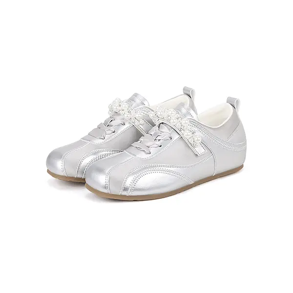 Women's Low Top Ankle Casual Trainers - 3-Color Pearl Lace-Up, Cute Rhinestone-Decorated, Sporty Chic Statement Shoes with Comfortable Arch Support, Plain Rubber Walking Shoes, Casual Footwear, Double Laces