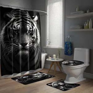 Tiger Pattern Shower Curtain Set, Waterproof Fabric, Includes 12 Hooks, Non-Slip Bathroom Mat, U-Shaped Toilet Pad